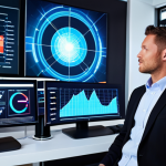 **Prompt:** A confident, diverse insurance broker in a high-tech office, surrounded by glowing holographic financial graphs, data visualizations, and subtle AI elements. The scene emphasizes the digital transformation of the insurance industry, showcasing performance-based incentives and value-based compensation models. The broker is focused and professional, representing innovation and a forward-thinking approach. Modern, sleek design with vibrant digital light effects.