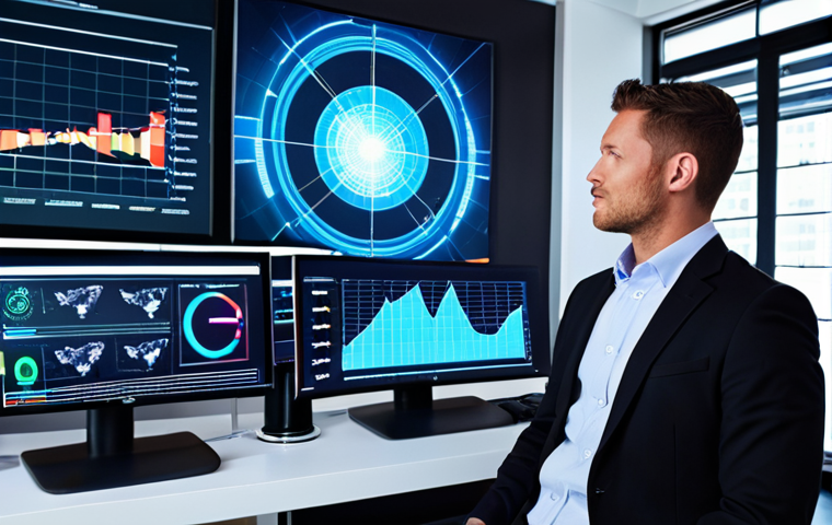 **Prompt:** A confident, diverse insurance broker in a high-tech office, surrounded by glowing holographic financial graphs, data visualizations, and subtle AI elements. The scene emphasizes the digital transformation of the insurance industry, showcasing performance-based incentives and value-based compensation models. The broker is focused and professional, representing innovation and a forward-thinking approach. Modern, sleek design with vibrant digital light effects.