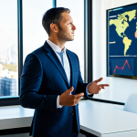 A highly professional male insurance broker in his late 30s, wearing a tailored business suit and modest professional dress, stands confidently in a modern, sunlit office. He is gesturing towards a large, interactive digital display showing dynamic data visualizations, global risk maps, and intricate charts that represent strategic insights. In the background, subtly blurred, are sleek office furniture and a clear view of a contemporary city skyline. The overall atmosphere conveys innovation, expertise, and forward-thinking risk advisory. Perfect anatomy, correct proportions, natural pose, well-formed hands, proper finger count, natural body proportions. Safe for work, appropriate content, fully clothed, professional.