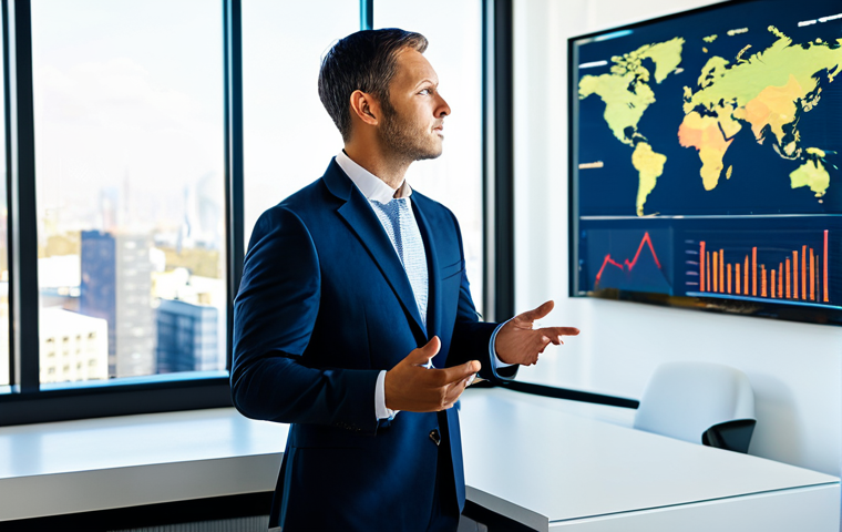 A highly professional male insurance broker in his late 30s, wearing a tailored business suit and modest professional dress, stands confidently in a modern, sunlit office. He is gesturing towards a large, interactive digital display showing dynamic data visualizations, global risk maps, and intricate charts that represent strategic insights. In the background, subtly blurred, are sleek office furniture and a clear view of a contemporary city skyline. The overall atmosphere conveys innovation, expertise, and forward-thinking risk advisory. Perfect anatomy, correct proportions, natural pose, well-formed hands, proper finger count, natural body proportions. Safe for work, appropriate content, fully clothed, professional.