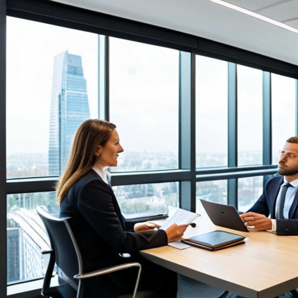 A professional, experienced female insurance broker, fully clothed in a modest business suit, is seated at a sleek modern desk, actively mentoring a younger, fully clothed male new broker in appropriate attire. They are both looking at a financial document or a tablet screen, engaged in a professional discussion. The office background is bright and contemporary with large windows and subtle city views. Natural pose, perfect anatomy, correct proportions, well-formed hands, proper finger count, natural body proportions. Professional photography, high quality, safe for work, appropriate content, family-friendly.