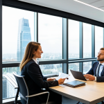 A professional, experienced female insurance broker, fully clothed in a modest business suit, is seated at a sleek modern desk, actively mentoring a younger, fully clothed male new broker in appropriate attire. They are both looking at a financial document or a tablet screen, engaged in a professional discussion. The office background is bright and contemporary with large windows and subtle city views. Natural pose, perfect anatomy, correct proportions, well-formed hands, proper finger count, natural body proportions. Professional photography, high quality, safe for work, appropriate content, family-friendly.