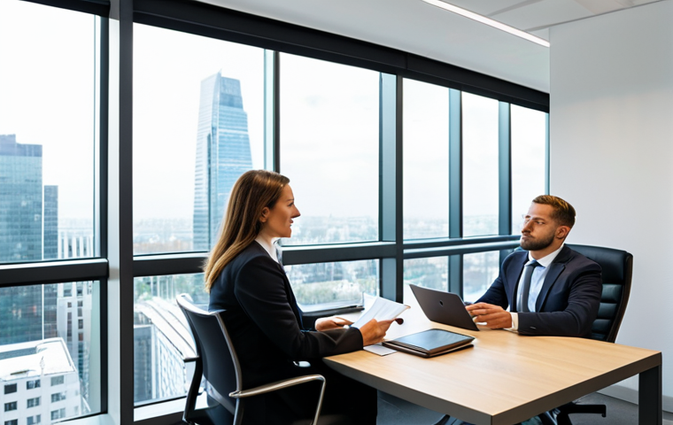 A professional, experienced female insurance broker, fully clothed in a modest business suit, is seated at a sleek modern desk, actively mentoring a younger, fully clothed male new broker in appropriate attire. They are both looking at a financial document or a tablet screen, engaged in a professional discussion. The office background is bright and contemporary with large windows and subtle city views. Natural pose, perfect anatomy, correct proportions, well-formed hands, proper finger count, natural body proportions. Professional photography, high quality, safe for work, appropriate content, family-friendly.