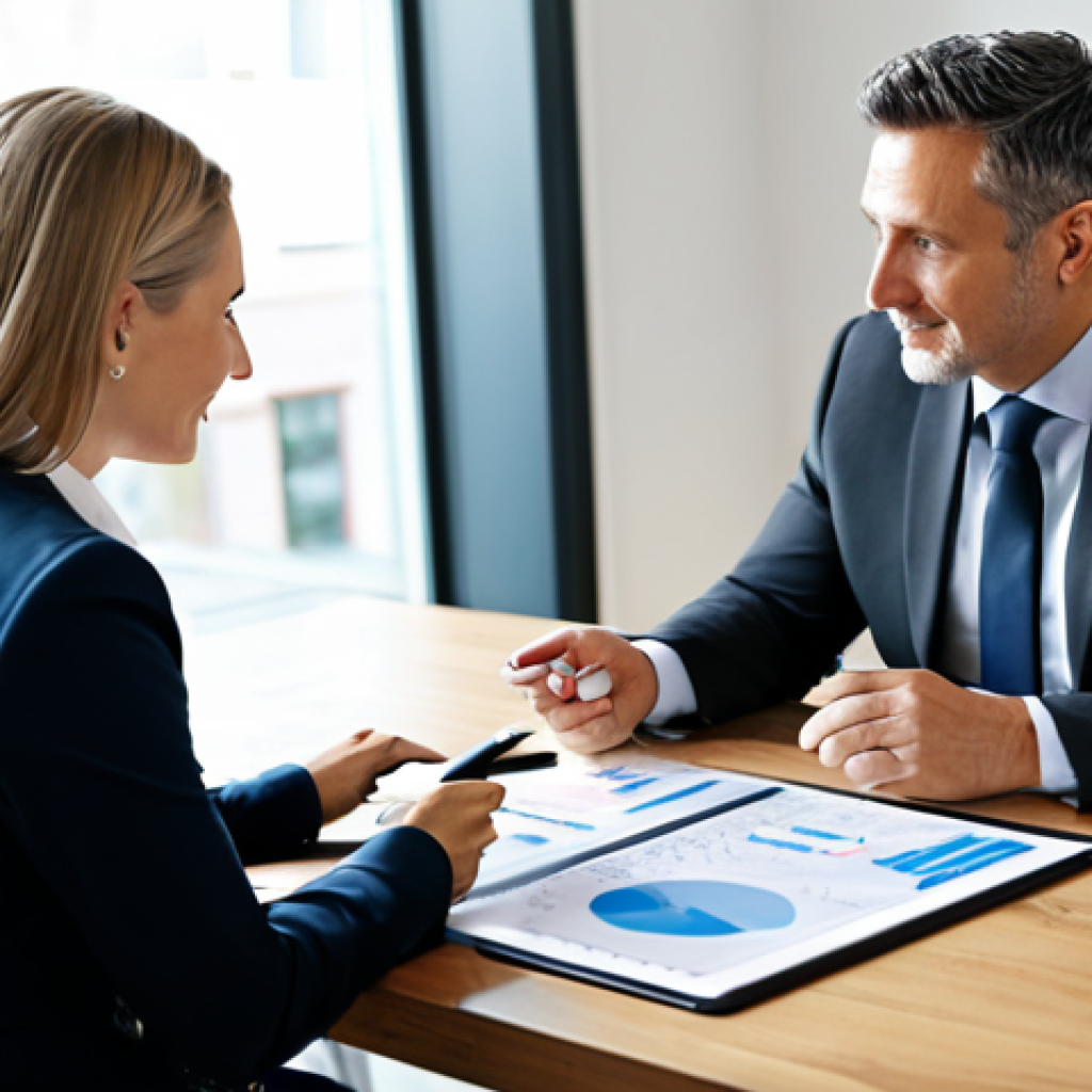 A professional female insurance broker, mid-30s, with a warm, attentive expression, looking at a diverse client couple (a man and a woman in their 40s). Broker in a modest, dark professional suit. Clients in appropriate, modern casual business attire. In a bright, contemporary office meeting room, featuring a large window with soft natural light, a polished wooden table, and comfortable, modern chairs. On the table are a few neatly organized documents and a tablet displaying a clear, easy-to-understand 'risk map' or financial projection. The broker is gesturing slightly towards the tablet, indicating proactive discussion. High-resolution, professional photography, soft focus on background, sharp focus on subjects, natural lighting, perfect anatomy, correct proportions, well-formed hands, proper finger count, natural body proportions, fully clothed, modest clothing, appropriate attire, professional dress, safe for work, appropriate content, professional, family-friendly.