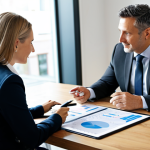 A professional female insurance broker, mid-30s, with a warm, attentive expression, looking at a diverse client couple (a man and a woman in their 40s). Broker in a modest, dark professional suit. Clients in appropriate, modern casual business attire. In a bright, contemporary office meeting room, featuring a large window with soft natural light, a polished wooden table, and comfortable, modern chairs. On the table are a few neatly organized documents and a tablet displaying a clear, easy-to-understand 'risk map' or financial projection. The broker is gesturing slightly towards the tablet, indicating proactive discussion. High-resolution, professional photography, soft focus on background, sharp focus on subjects, natural lighting, perfect anatomy, correct proportions, well-formed hands, proper finger count, natural body proportions, fully clothed, modest clothing, appropriate attire, professional dress, safe for work, appropriate content, professional, family-friendly.