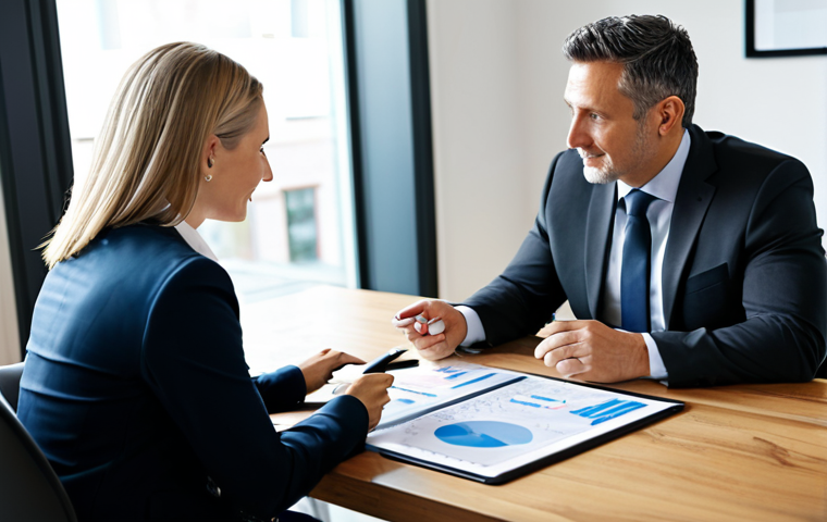A professional female insurance broker, mid-30s, with a warm, attentive expression, looking at a diverse client couple (a man and a woman in their 40s). Broker in a modest, dark professional suit. Clients in appropriate, modern casual business attire. In a bright, contemporary office meeting room, featuring a large window with soft natural light, a polished wooden table, and comfortable, modern chairs. On the table are a few neatly organized documents and a tablet displaying a clear, easy-to-understand 'risk map' or financial projection. The broker is gesturing slightly towards the tablet, indicating proactive discussion. High-resolution, professional photography, soft focus on background, sharp focus on subjects, natural lighting, perfect anatomy, correct proportions, well-formed hands, proper finger count, natural body proportions, fully clothed, modest clothing, appropriate attire, professional dress, safe for work, appropriate content, professional, family-friendly.
