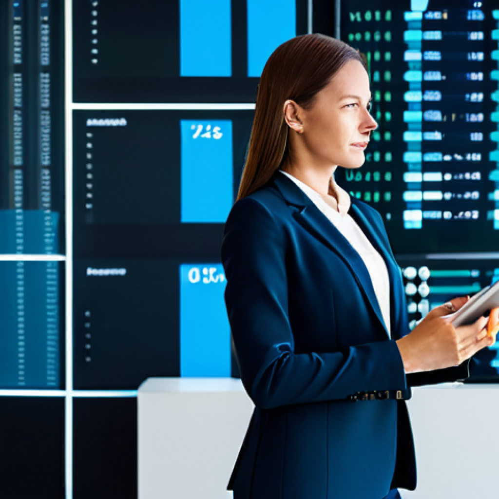 A professional female insurance broker, in a modest, tailored business suit, stands confidently in a sleek, modern office with large digital displays showing abstract financial data visualizations. She holds a tablet, embodying a seamless and efficient approach to Insurtech. The setting is brightly lit, conveying innovation and cutting-edge technology. safe for work, appropriate content, fully clothed, professional dress, perfect anatomy, correct proportions, natural pose, well-formed hands, proper finger count, natural body proportions, high-quality photograph, realistic.