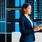 A professional female insurance broker, in a modest, tailored business suit, stands confidently in a sleek, modern office with large digital displays showing abstract financial data visualizations. She holds a tablet, embodying a seamless and efficient approach to Insurtech. The setting is brightly lit, conveying innovation and cutting-edge technology. safe for work, appropriate content, fully clothed, professional dress, perfect anatomy, correct proportions, natural pose, well-formed hands, proper finger count, natural body proportions, high-quality photograph, realistic.