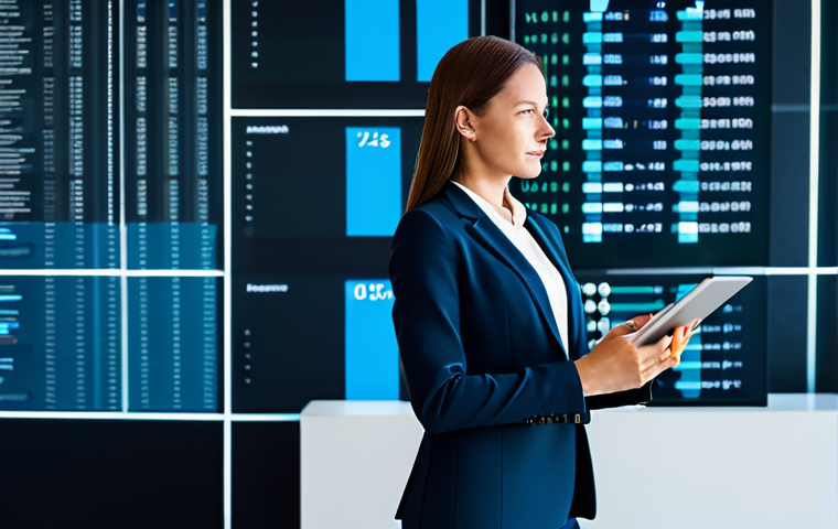 A professional female insurance broker, in a modest, tailored business suit, stands confidently in a sleek, modern office with large digital displays showing abstract financial data visualizations. She holds a tablet, embodying a seamless and efficient approach to Insurtech. The setting is brightly lit, conveying innovation and cutting-edge technology. safe for work, appropriate content, fully clothed, professional dress, perfect anatomy, correct proportions, natural pose, well-formed hands, proper finger count, natural body proportions, high-quality photograph, realistic.