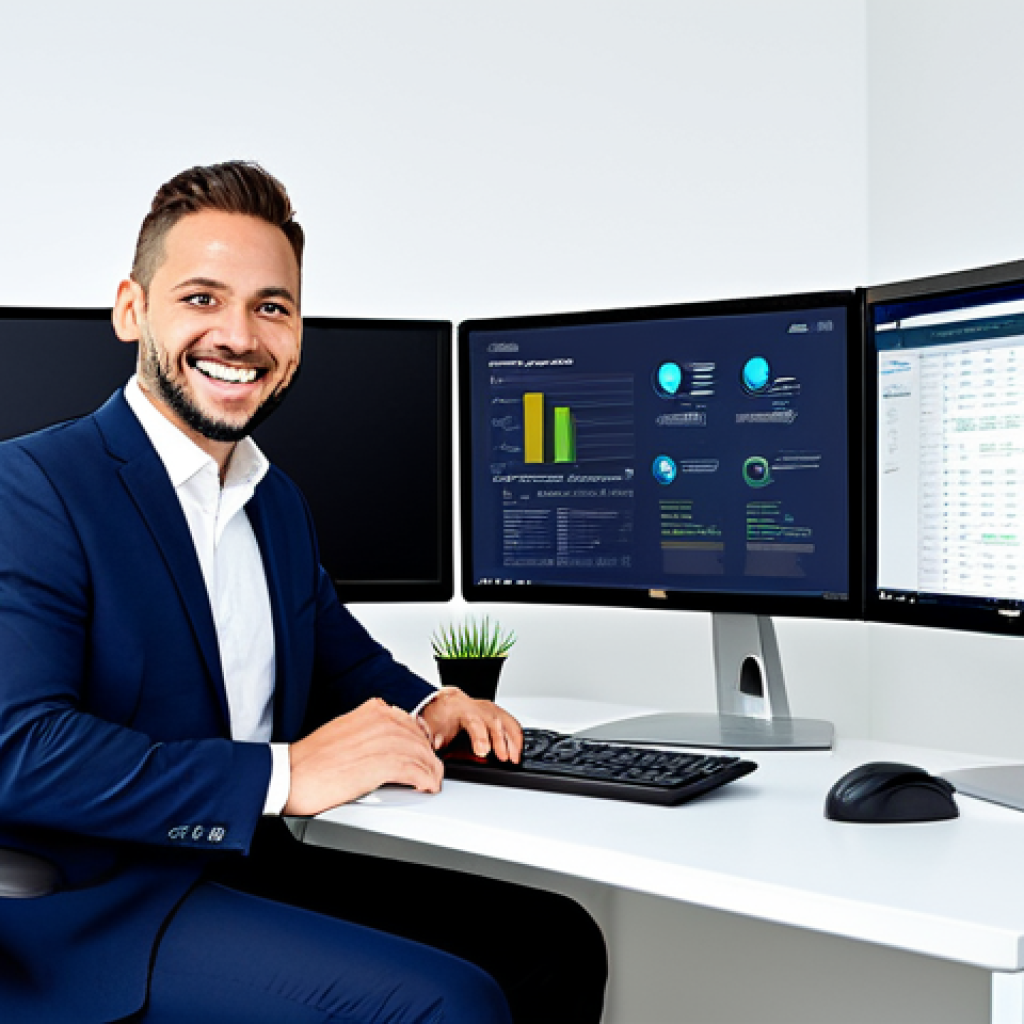 Modern Insurance Broker Working with CRM**

"A professional insurance broker, fully clothed in business casual attire, sitting at a modern desk with dual monitors in a bright office. The left monitor displays a CRM interface with client data, and the right monitor shows a quote engine with policy comparisons. Smiling slightly and looking at the monitors. Safe for work, appropriate content, perfect anatomy, correct proportions, well-formed hands, natural pose, professional lighting, family-friendly, high quality."

**