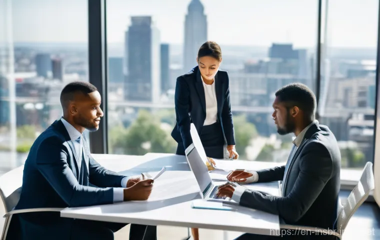 보험중개사와 관련된 팀워크 성공 사례 - **Prompt:** A diverse team of insurance professionals, dressed in smart business attire (blazers, dr...