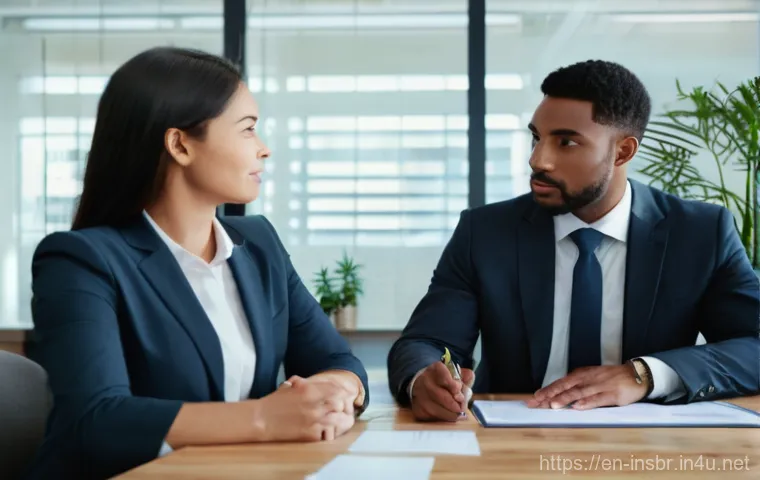 보험중개사 필수 에세이 작성법 - **Prompt:** A diverse insurance broker, professionally dressed in a modern, well-lit office, sits ac...