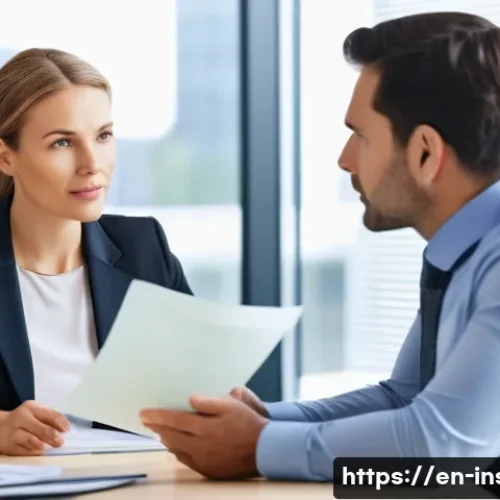 Home 33 보험중개사와 고객 소통 사례 분석 - A professional insurance broker attentively listening to a diverse middle-aged couple in a modern of...