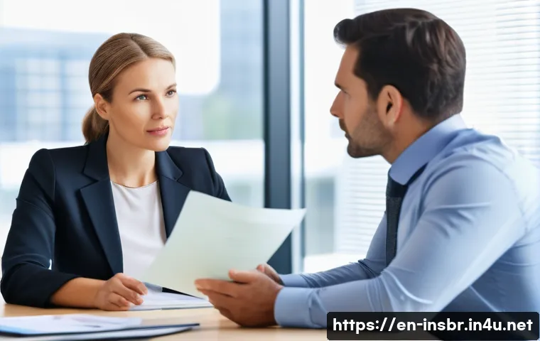 보험중개사와 고객 소통 사례 분석 - A professional insurance broker attentively listening to a diverse middle-aged couple in a modern of...