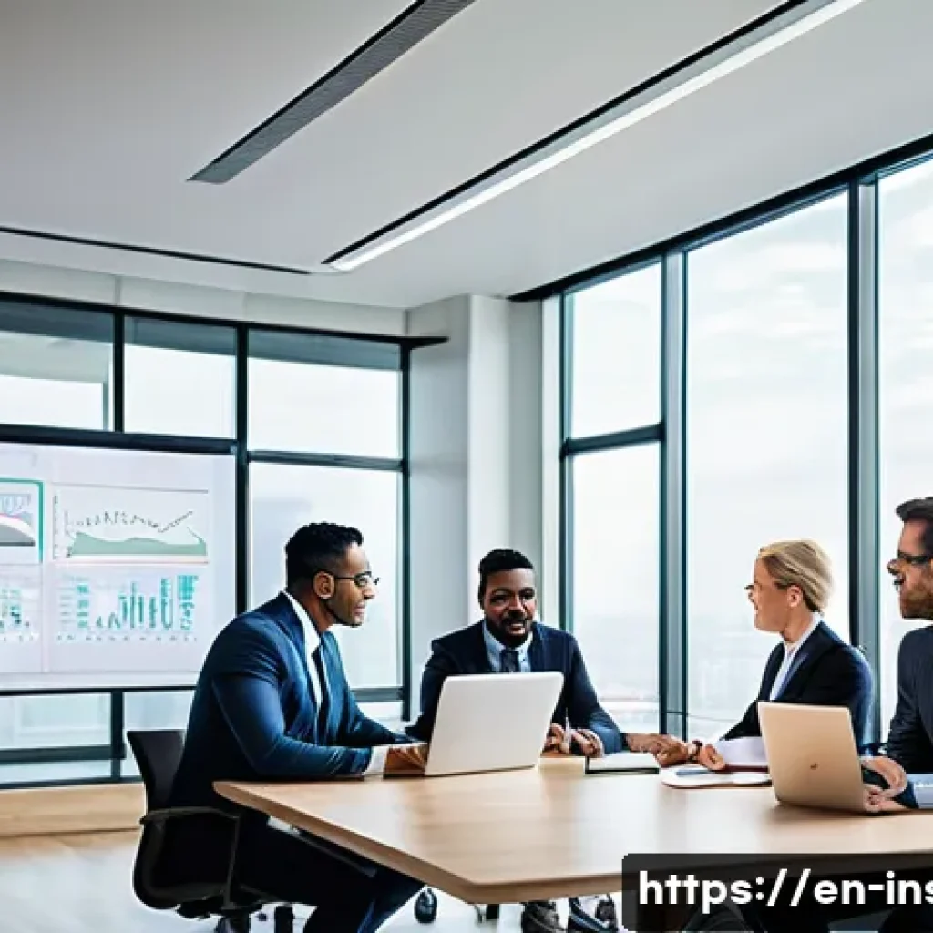 보험중개사와 관련된 정부 지원 프로그램 - A modern insurance brokerage office scene showing diverse professionals collaborating around a confe...