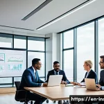 Home 20 보험중개사와 관련된 정부 지원 프로그램 - A modern insurance brokerage office scene showing diverse professionals collaborating around a confe...