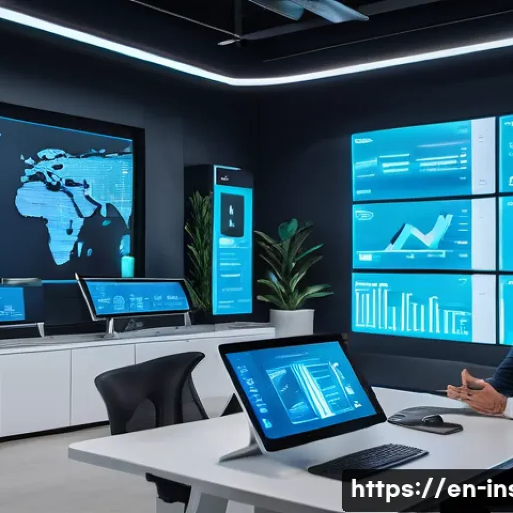 보험중개사와 관련된 최신 보험 기술 성공 사례 연구 및 분석 - A futuristic insurance brokerage office scene showcasing an AI-powered chatbot interface on multiple...