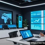 Home 19 보험중개사와 관련된 최신 보험 기술 성공 사례 연구 및 분석 - A futuristic insurance brokerage office scene showcasing an AI-powered chatbot interface on multiple...