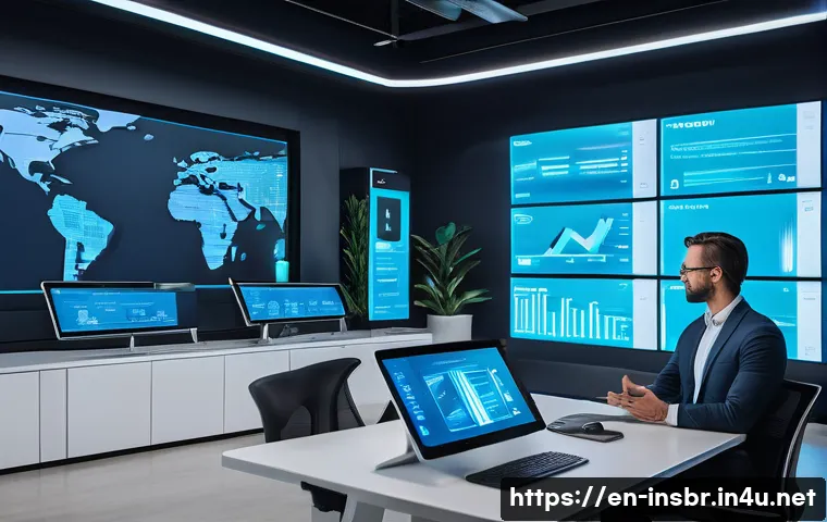 보험중개사와 관련된 최신 보험 기술 성공 사례 연구 및 분석 - A futuristic insurance brokerage office scene showcasing an AI-powered chatbot interface on multiple...