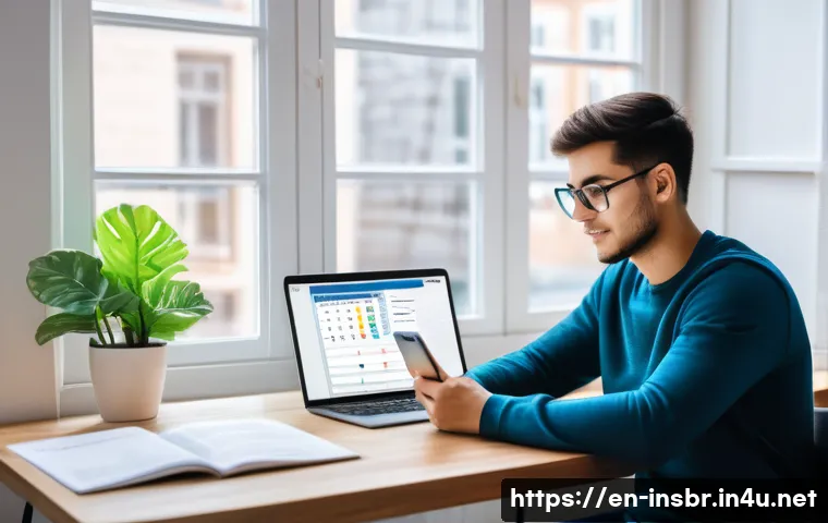 보험중개사 시험 준비 시 유용한 앱 추천 - A modern, bright study environment featuring a young adult using a smartphone app displaying a custo...