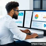 Home 21 보험중개사 업무 개선 사례 공유 - A modern insurance broker’s office scene showing a diverse professional using a sleek laptop with wo...