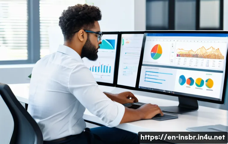 보험중개사 업무 개선 사례 공유 - A modern insurance broker’s office scene showing a diverse professional using a sleek laptop with wo...