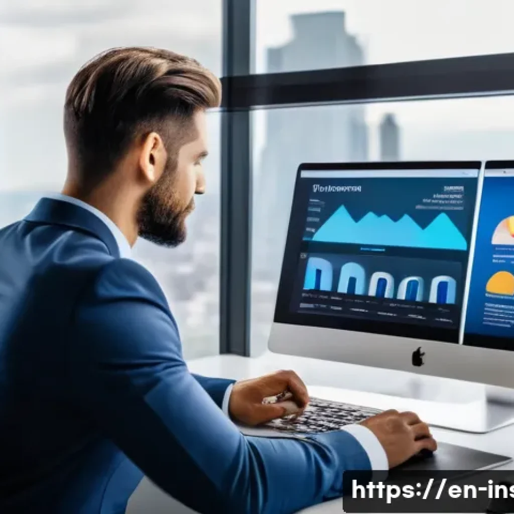 보험중개사 업무 개선을 위한 툴 추천 - A modern insurance broker office scene with a diverse, professional broker using a sleek laptop disp...