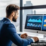 Home 19 보험중개사 업무 개선을 위한 툴 추천 - A modern insurance broker office scene with a diverse, professional broker using a sleek laptop disp...