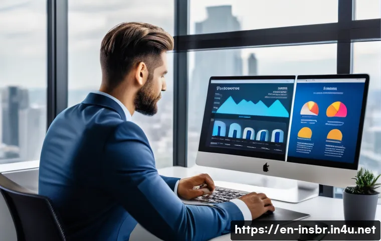 보험중개사 업무 개선을 위한 툴 추천 - A modern insurance broker office scene with a diverse, professional broker using a sleek laptop disp...