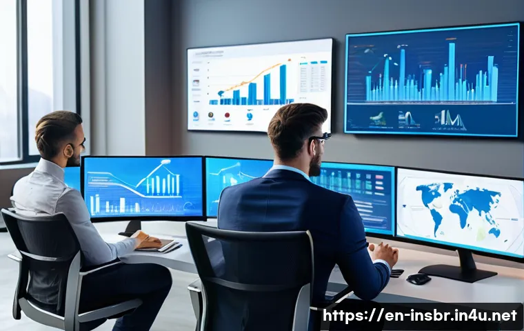 보험중개사와 관련된 최신 산업 트렌드 - A modern insurance brokerage office scene showing a diverse group of professional brokers using adva...