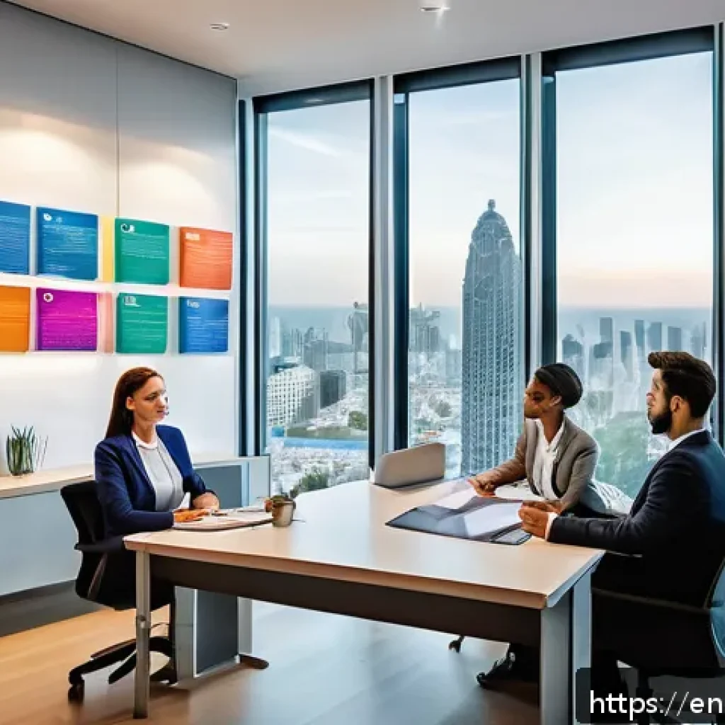 보험중개사 초보자가 알아야 할 용어 - A professional insurance agent sitting at a modern office desk, engaging with a diverse couple by ex...