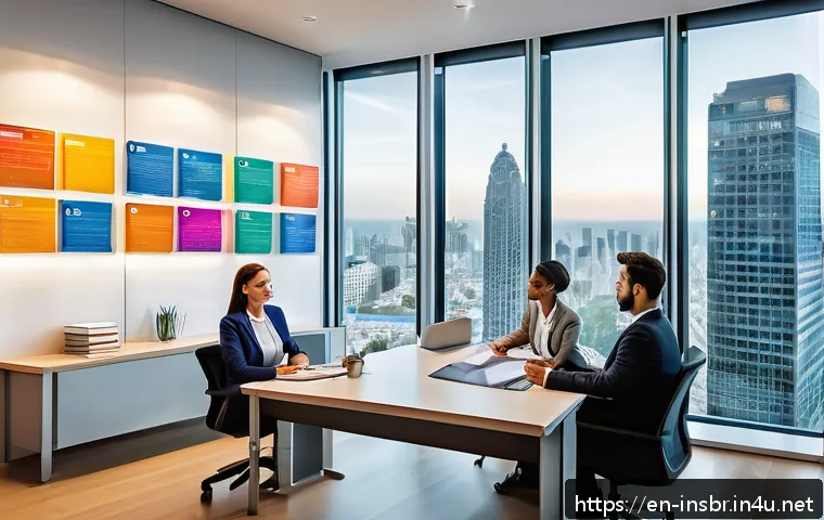 보험중개사 초보자가 알아야 할 용어 - A professional insurance agent sitting at a modern office desk, engaging with a diverse couple by ex...