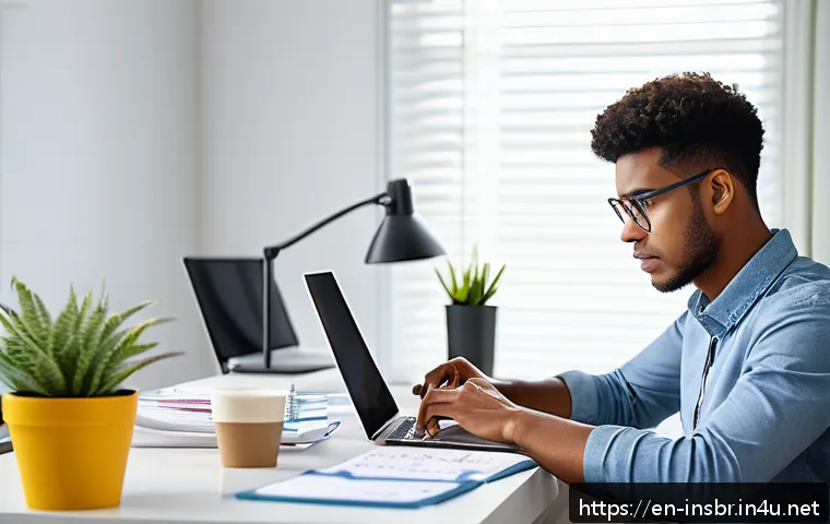 보험중개사 시험 중 실수 줄이는 법 - A focused young professional sitting at a clean desk in a bright, modern home office, wearing smart ...